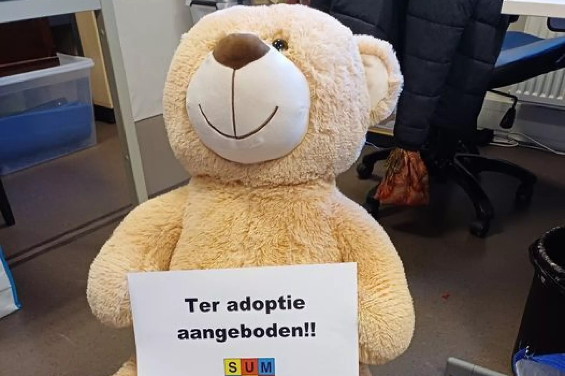 Een knuffelbeer zit op een stoeltje met een bordje waarop staat dat hij ter adoptie wordt aangeboden voor een gezin met kinderen.